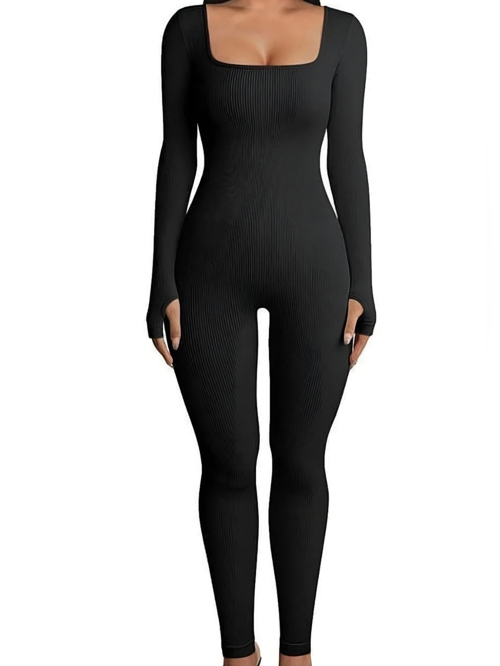 Black Ribbed Square-Neck Jumpsuit - Picture 9 of 10